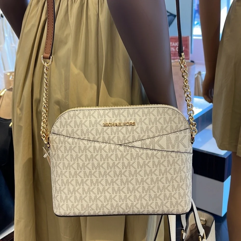 MICHAEL KORS Jet Set Medium Logo Dome Satchel Crossbody  Vanilla  NWT