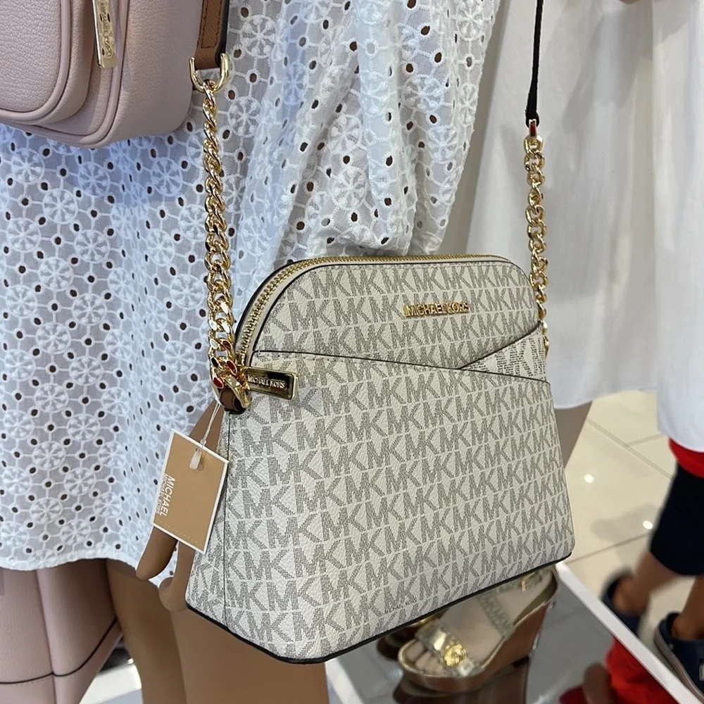 MICHAEL KORS Jet Set Medium Logo Dome Satchel Crossbody  Vanilla  NWT