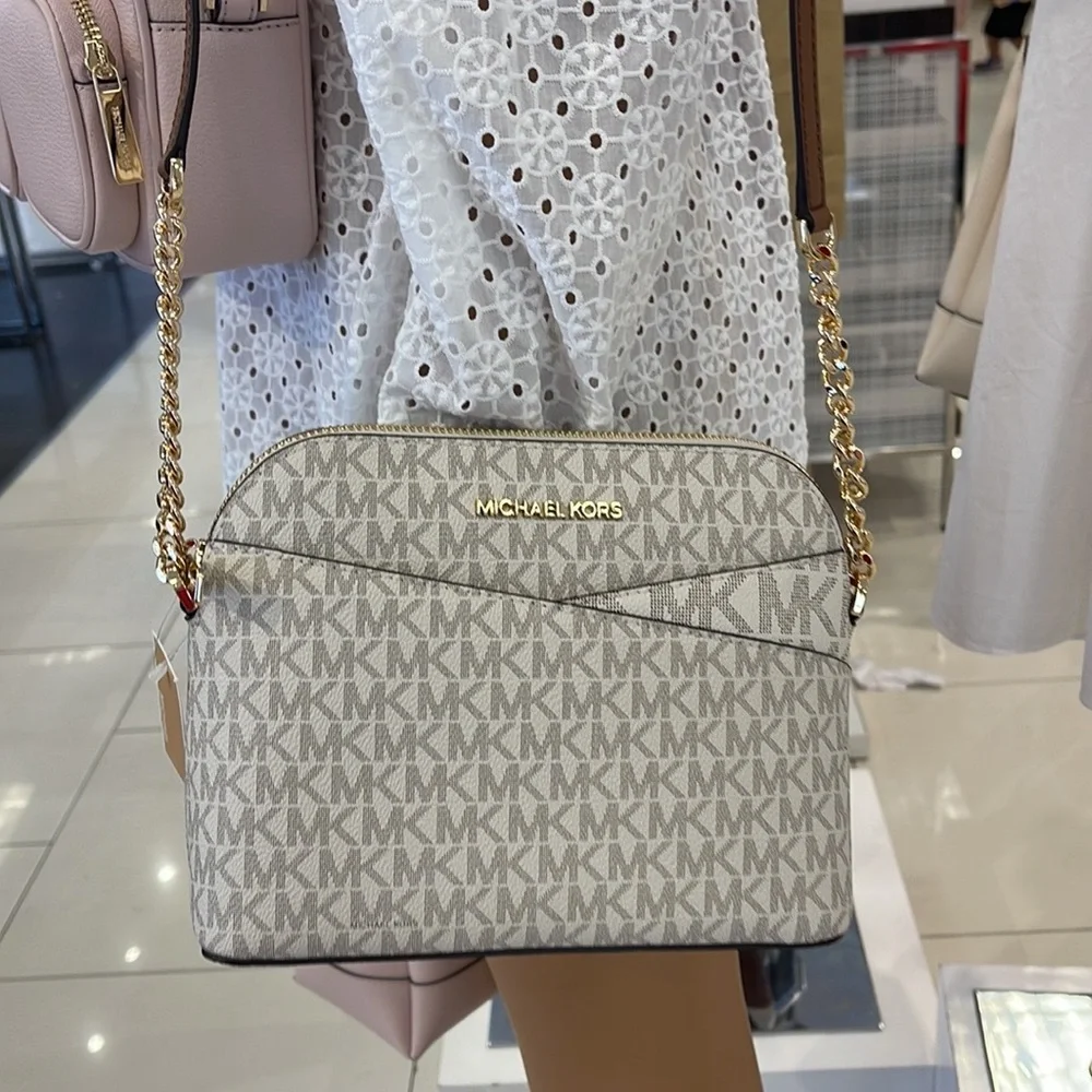 MICHAEL KORS Jet Set Medium Logo Dome Satchel Crossbody  Vanilla  NWT