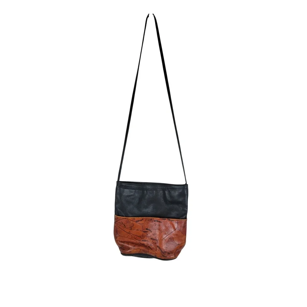 Leaf‎ Leather Inc. Genuine Leather Crossbody Bucket Bag Black Brown Vintage