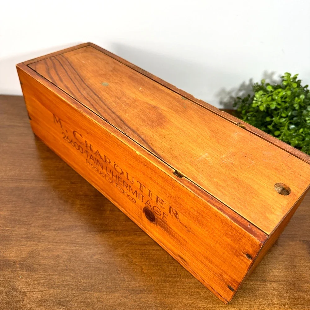 Vintage M. Chapoutier French Wooden Wine Crate Sliding Lid Hermitage Box