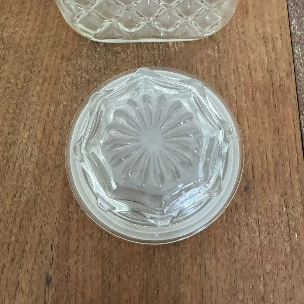 Vintage Clear Pressed Glass Diamond Point Square Apothecary Jar Canister Lid‎