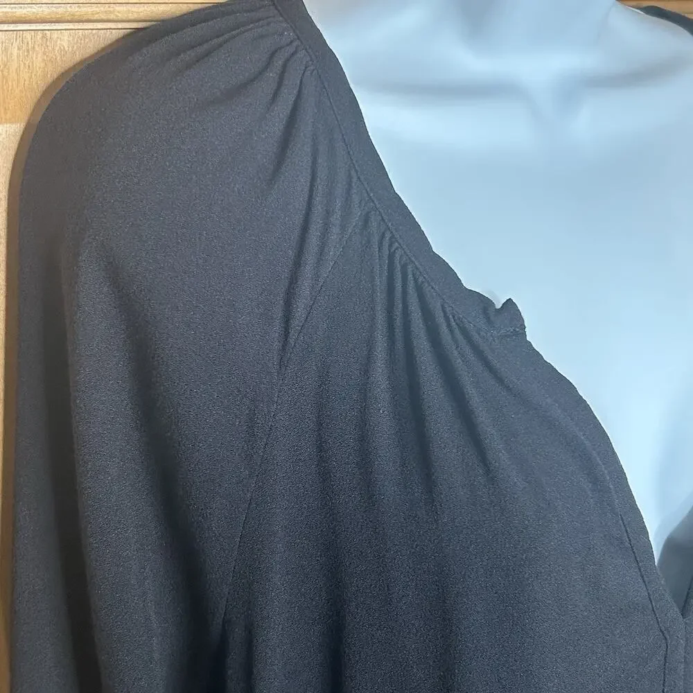 J Crew V-Neck‎ Blouse L Black Ruched Sleeves Pleats Minimalist Capsule J6240