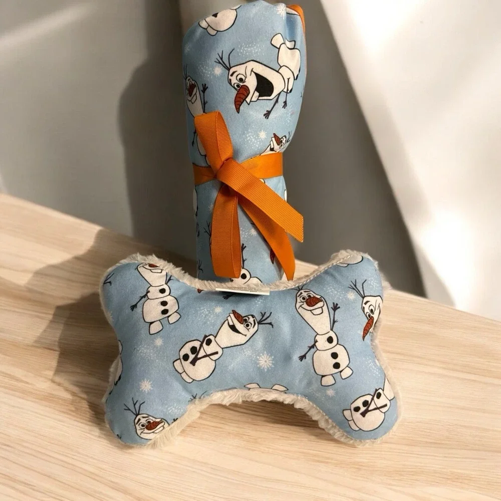 Disney Frozen Plush Olaf Bone Shaped Dog Toy + Small Soft Doggy Pet‎ Blanket