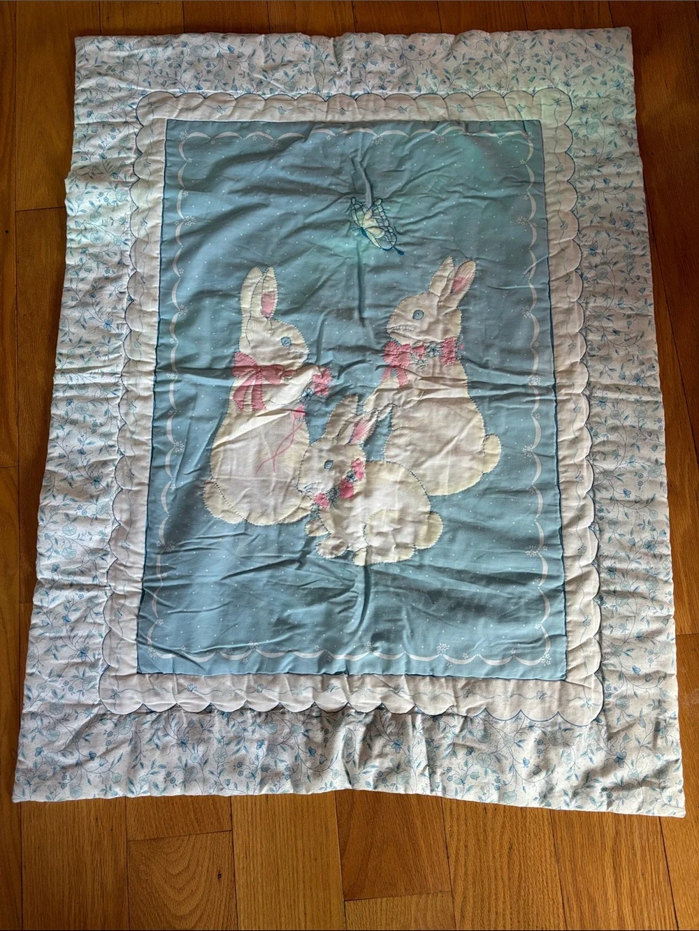 Vintage quilted baby blanket bunnies and butterfly