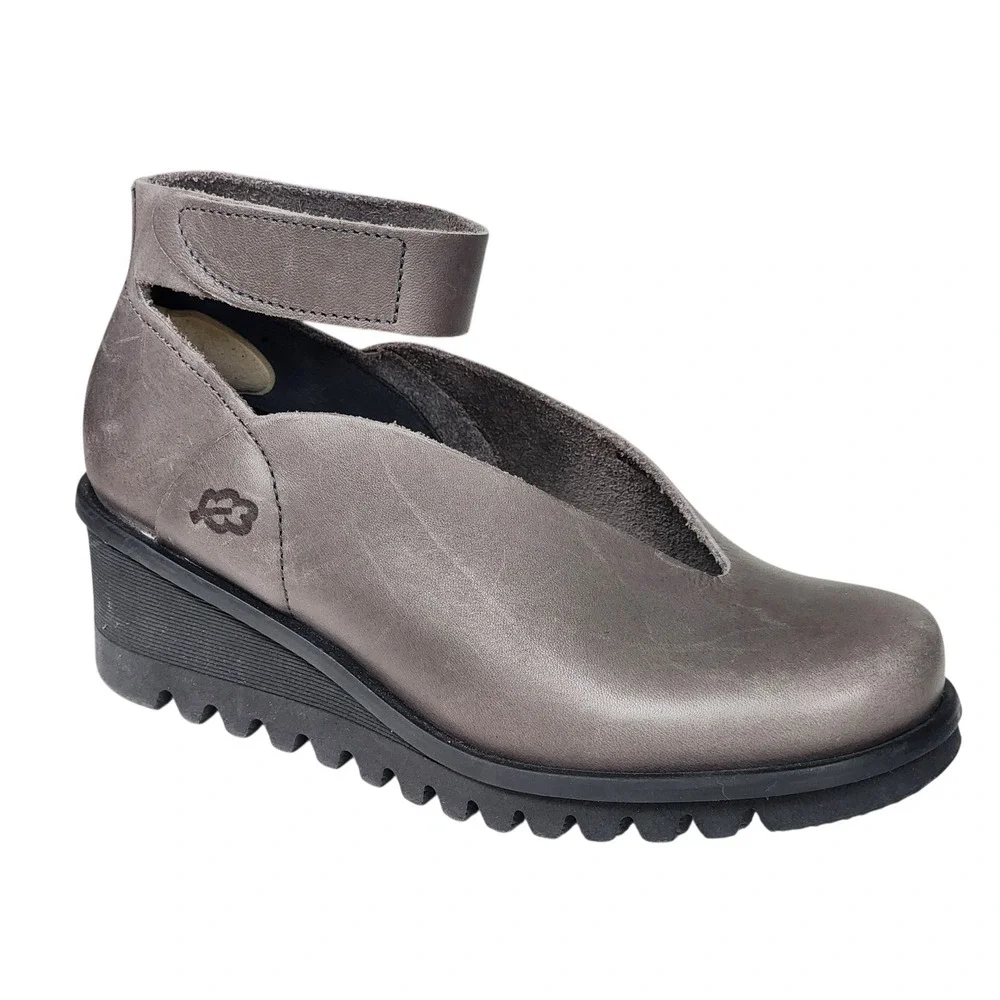Loints of Holland Sydney Grey Leather V-Cut Wedge Ankle Strap Shoes Womens 36